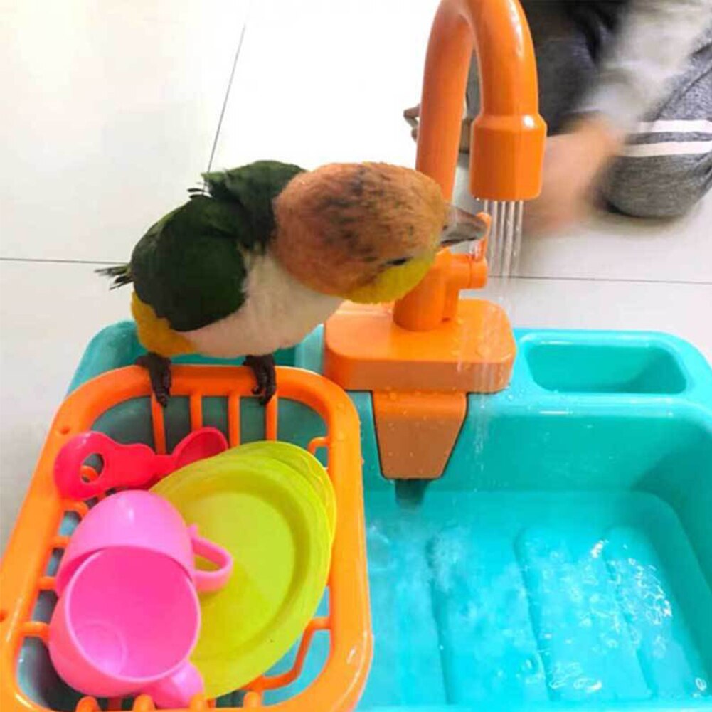 Bañera de Baño de aves automática multifuncional Rotatable para mascotas, suministros para loros, ducha con grifo, comedero, juguete casero