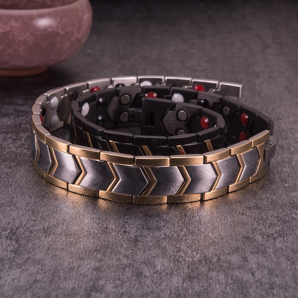 Bracelet magnétique pour hommes, en acier inoxydable noir, chaîne à main, large énergie de santé, Germanium, Bracelets pour hommes