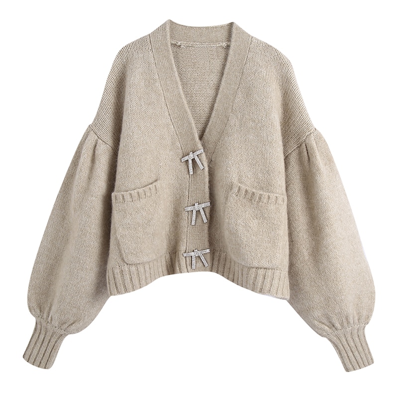 Pull ample à col en v pour femme, cardigan à poches, manches lanternes, pull court, pour femme