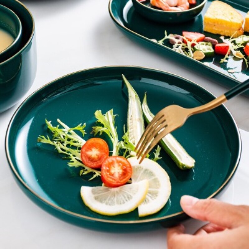 Smaragdgrøn keramik guld indlæg western mad bøf pasta fiske tallerken fad salat suppe ris skål krydderi fad porcelæn bordkrig