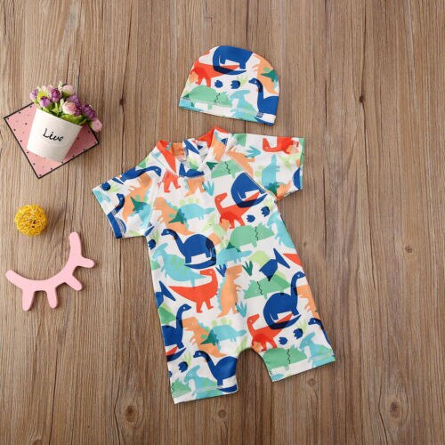 Zomer Badpak Peuter Baby Kid Jongen Zon Beschermende Badmode Rash Guard Kostuum Korte Mouwen Dinosaurus Kleurrijke Badpak