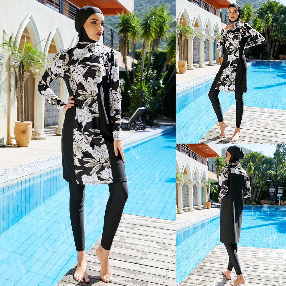 Costumi da bagno musulmani stampati floreali a copertura totale costume da bagno donna Burkini Mujer Moslem musatu Femme costume da bagno conservatore islamico Hijab