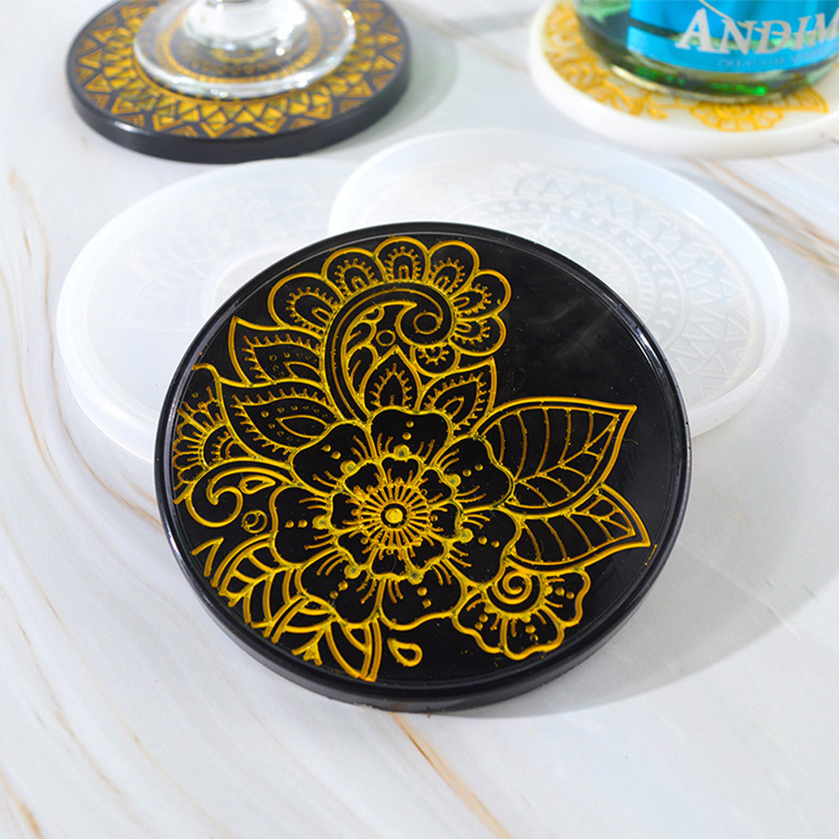 Posavasos redondo, molde de silicona, resina epoxi, molde de cristal, bricolaje, café, vino, copa, posavasos de flores, yeso, hormigón, manualidades decorativas para el hogar