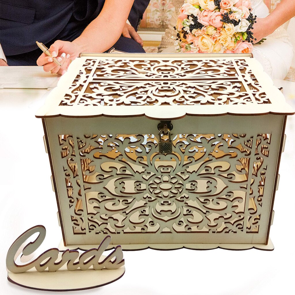 Wedding Card Box with Lock and Card Sign, Wooden Hollow Card Box DIY Box Wedding Reception Box for Birthdays, Graduations: O