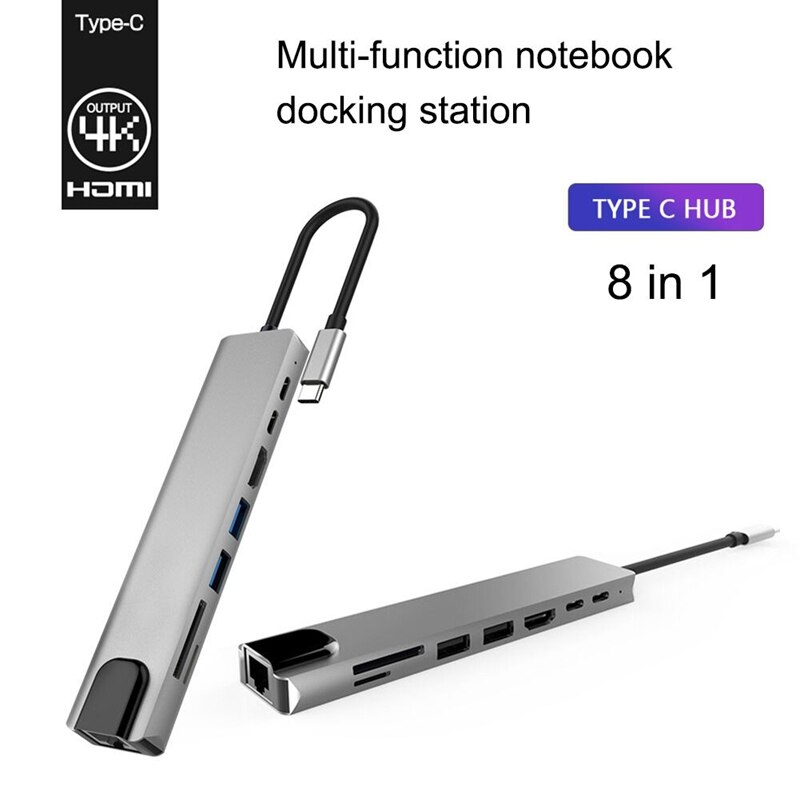 Concentrador de red USB tipo C 8 en 1, adaptador multipuerto tipo C con puerto HDMI 4K, puerto Ethernet 1000Mbps RJ45, de energía USB-C, lectura de tarjeta TF/SD