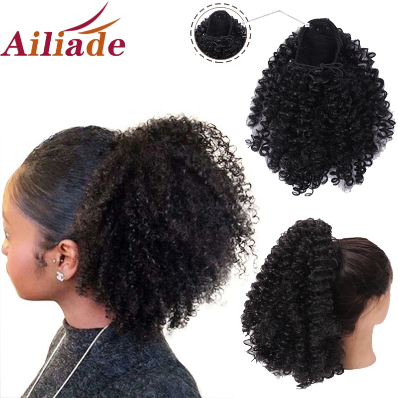 Ailiade Zwart Bladerdeeg Trekkoord Afro Kinky Krullend Paardenstaart Afro-amerikaanse Korte Wrap Synthetische Clip In Paardenstaart Hair Extensions