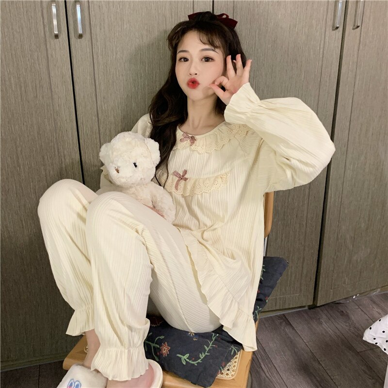 cute pijamas women bow tie pyjamas homewear clothes sleepwear 2 piece set pajamas set lolita princess home suit pants top Y231