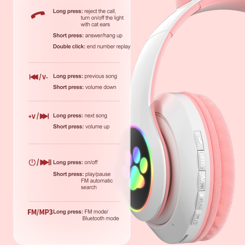 Cat Ears Cute Wireless Helmets Bluetooth Headphone Big Wireless bluetooth Headset LED Kid Girl Helmet Phone Headset Earbud