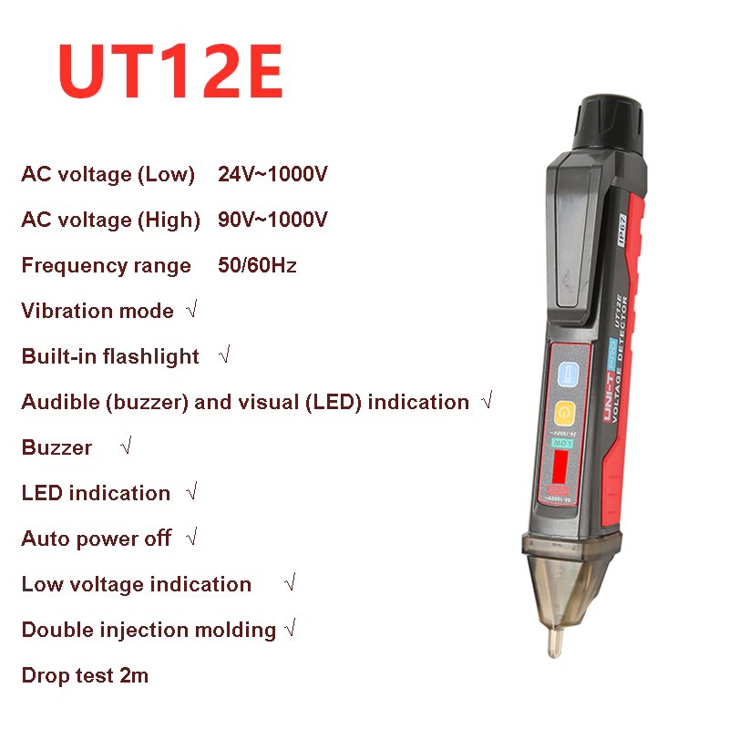 UNI-T AC Voltage Detector Meter UNI-T UT12E UT12M 24V-1000V Non-Contact Tester Pen Socket Volt Current Electric Test Pencil: UT12E