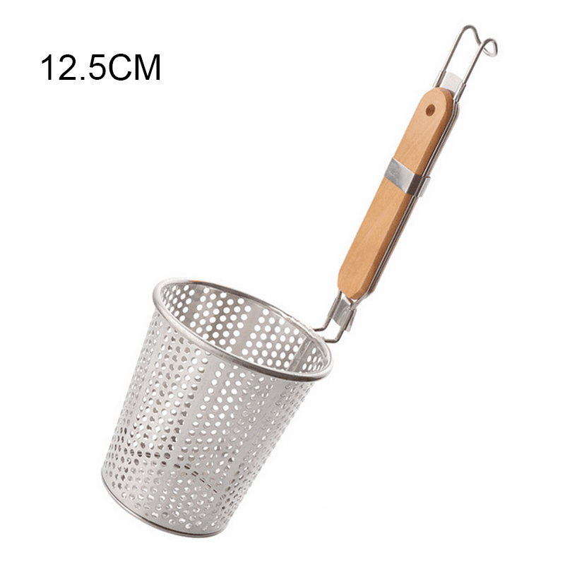 Roestvrij Staal Noodle Lepel Mesh Pasta Mand Met Houten Non Slip Handvat &amp; Staart Opknoping Haak Lichtgewicht Duurzaam Koken Gereedschap: 12.5cm