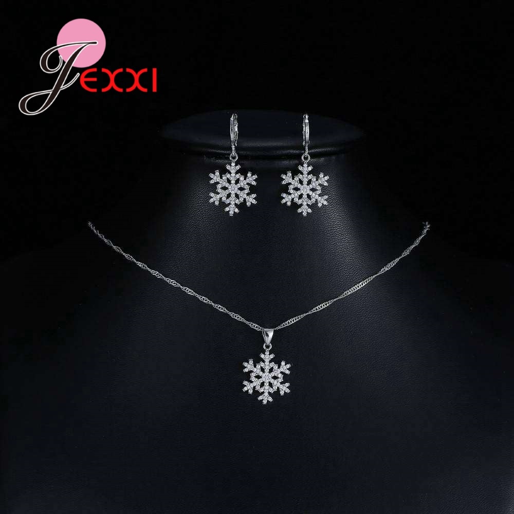 Conjunto de joyería para mujer, de Plata de Ley 925, colgante de circonia cúbica con copo de nieve, collar, pendientes, conjuntos