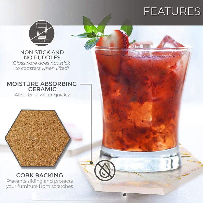 8 PC Coasters for Drinks Absorbent with Holder Ceramic Stone Drink Coasters with Cork Base Absorbent Coaster Set