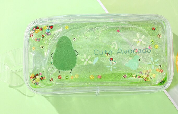 Sød avocado gennemsigtig flydende sand blyant taske / tegneserie fersken stor kapacitet pen boks stil sammensat taske: Lysegrøn