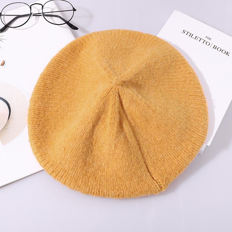 Ośmiokątny kapelusz żeńnarty beret kobiety jesień czapki zimowe robione na drutach dla kobiet dziania wełny duży rozmiar francuski kapelusz Gorras stałe: żółty