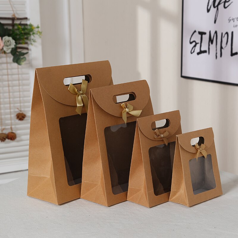 10pcs Ribbon Box Handle Hand Poket with Cover Lid Thick Kraft Window Show Decor Package Box Kraft Paper Folding Flower Bag