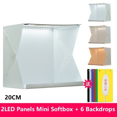 Boîte à lumière LED 40CM, Mini Studio de photographie Portable, Kit de fond et 6 arrière-plans de couleurs, boîte à lumière USB pour téléphone DSLR: 20CM 2LED Panels-6PC