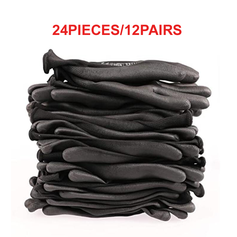 24 piezas/12 pares de guantes de trabajo protectores de seguridad antiestáticos electrónicos de palma de nitrilo de PU sumergido con forro de punto de nailon negro para hombre
