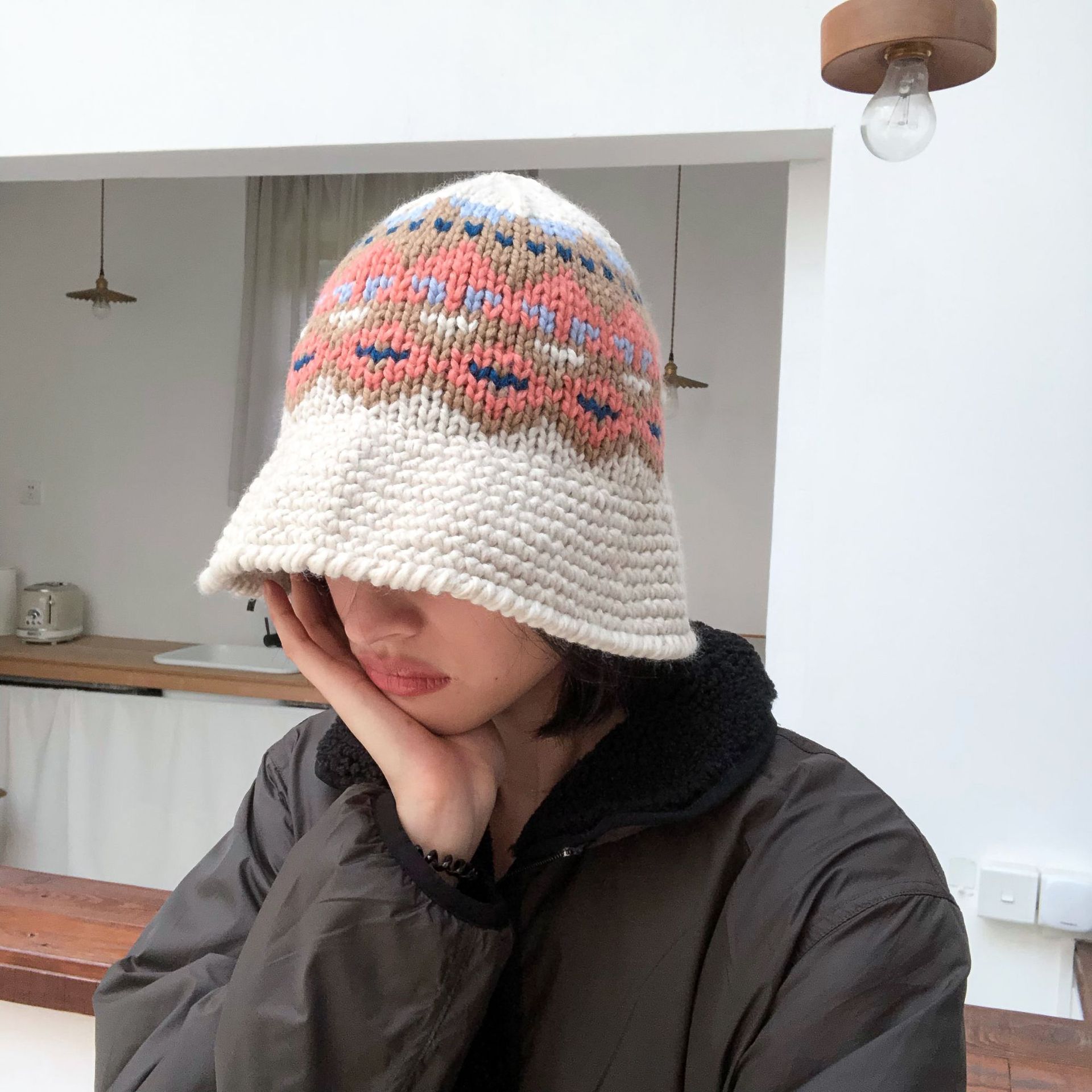 Autumn Winter Knitted Bucket Hats Female Bucket Hat for Women Girl Thickened Soft Warm Fishing Cap Outdoor Lady