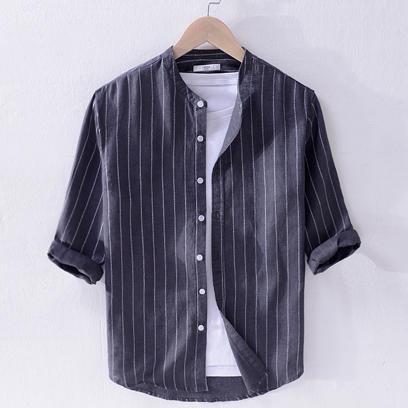 Camisa de lino Casual de manga 3/4 de rayas clásicas Retro para hombre, camisa de adelgazamiento, blusas de cuello mandarín, ropa masculina de estilo coreano
