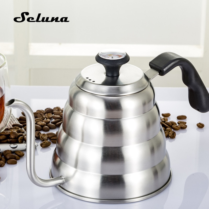 Cafetera de acero inoxidable con caño largo, hervidor de café con cuello de cisne por goteo, termo, termómetro, 1.2L, 1000ml