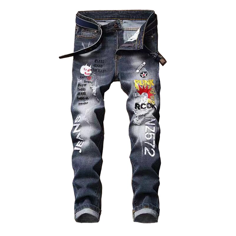 Light Stonewashed Full Length Stripe Regular Zipper Fly Embroidery Straight Mid Jean Biker Jeans Men