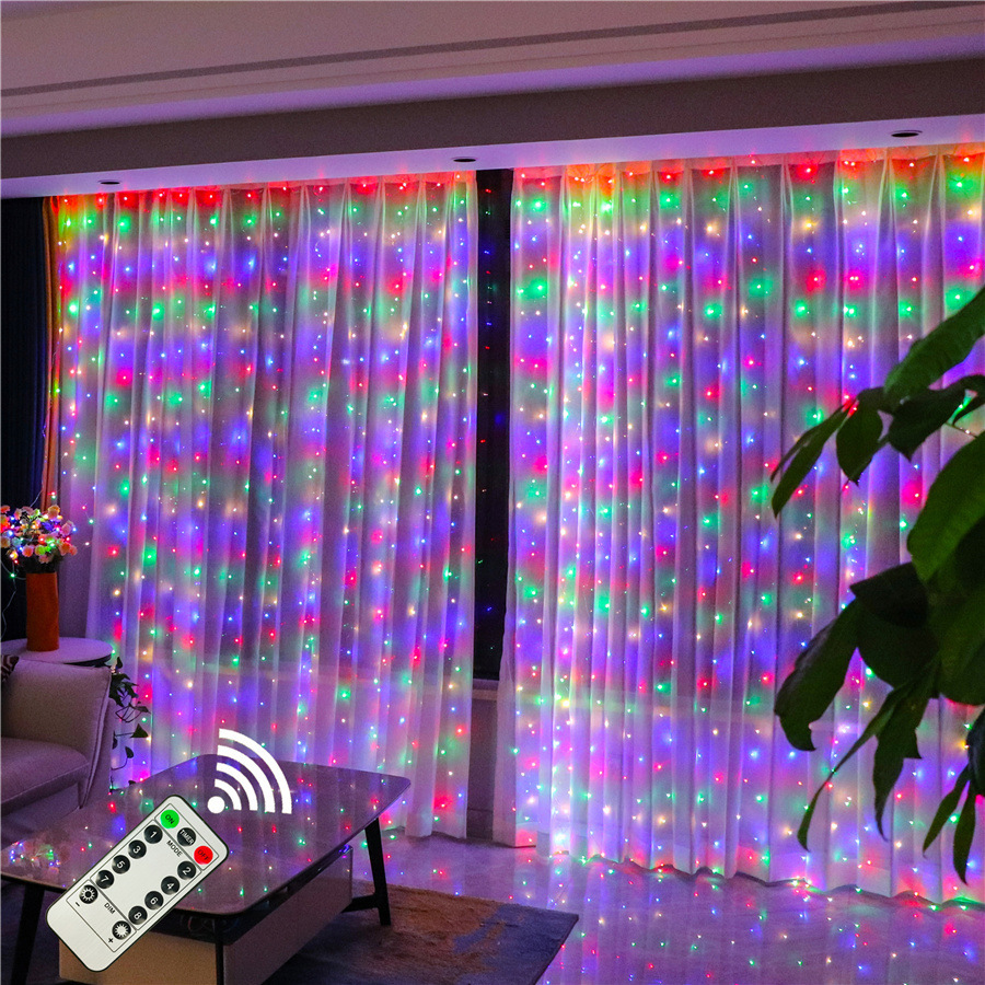 Guirnalda de luces LED para decoración navideña, cortina con Control remoto por USB, luces de hadas para dormitorio y hogar