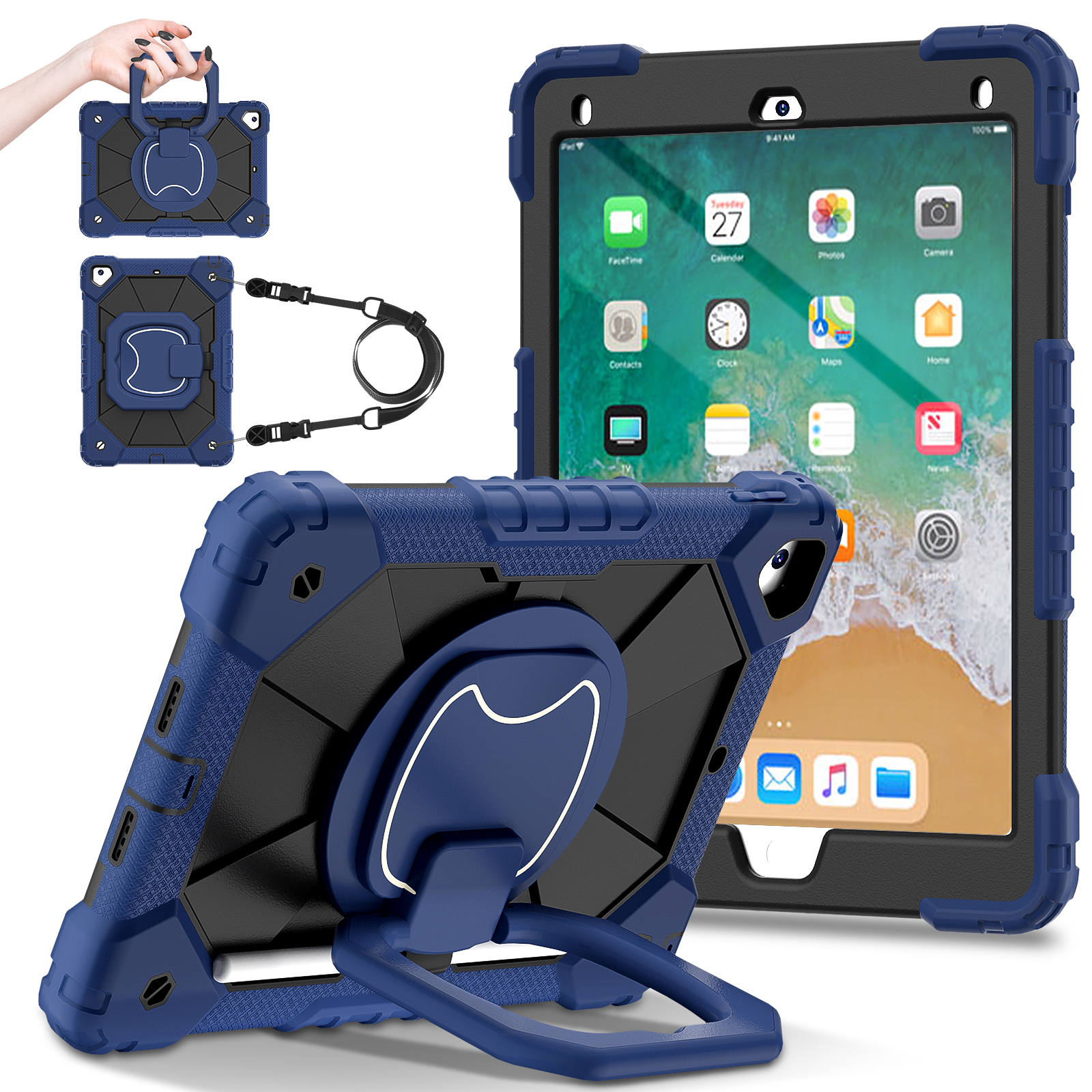 Roterande kraftigt fodral för ipad 5 6 7 air 1 2 pro 9.7 5th 6th gen stativskydd med handtag och axelrem: Elva / Röd