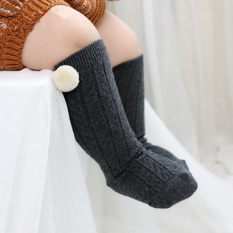 Bomulds baby sokker med pompon strik knæhøje nyfødte sokker til piger drenge 1 par