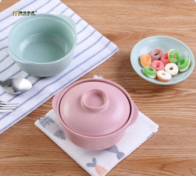 1PC Pure natural wheat straw Lovely Lunch Tray Dishes Soup Bowl with Lid Dinnerware Plate Plastic Tableware LF 132