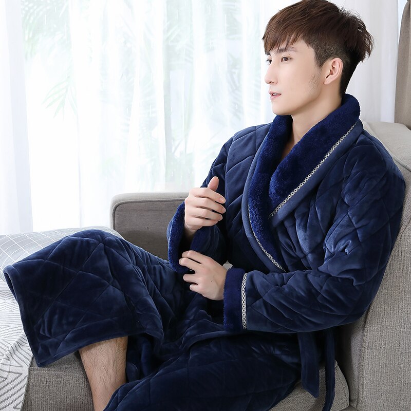 Inverno longo robe para o sexo masculino três camadas acolchoado roupão grosso flanela sleepwear plus size xxxl quimono roupões de banho dos homens salão quente
