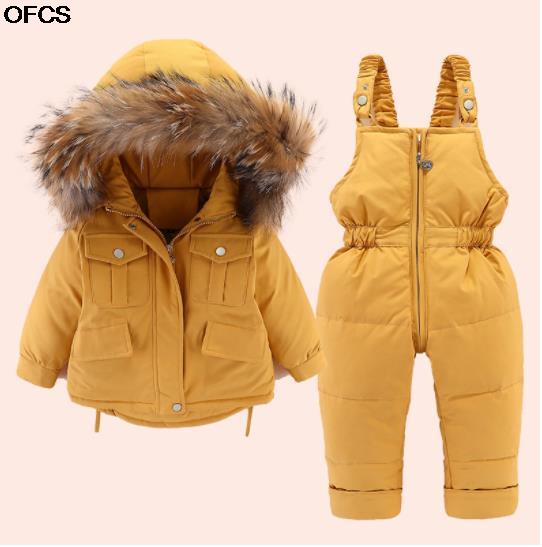 0-4Y Winter Down Jas 2 Stuks Set Jas + Jumpsuit Baby Meisje Jongens Thicken Warm Bontkraag Jas Kids Jongens baby Snowsuit Kleding: YELLOW / size 100
