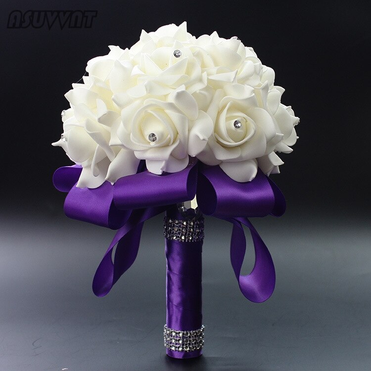 Edle Braut Strauß Braidmaid Hochzeit Schaum Blumen Rose Strauß Band Kristall Hochzeit Strauß Mädchen Braut Hochzeit Zubehör: Violett