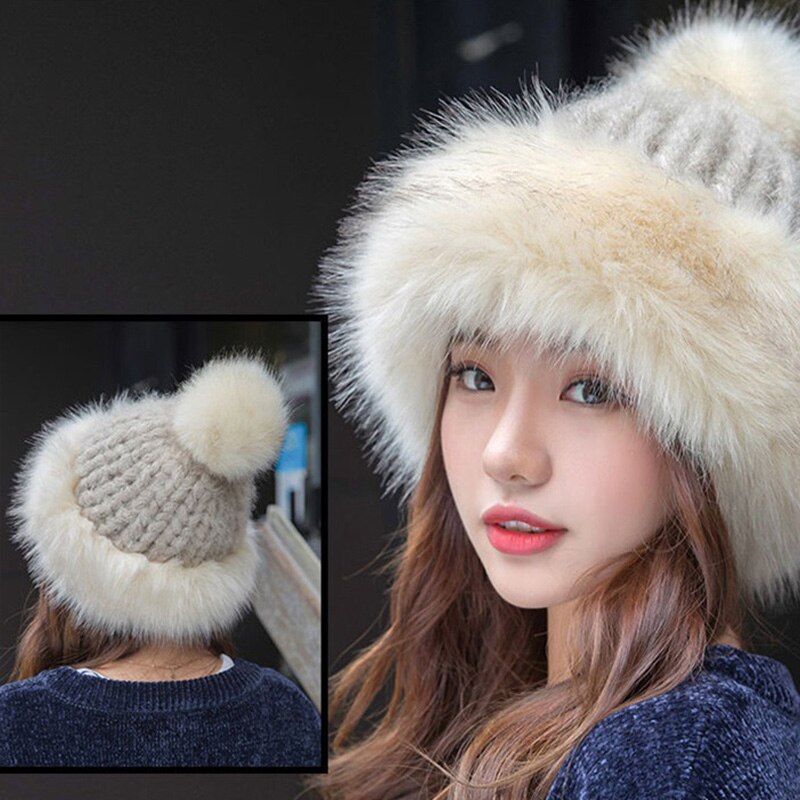 Stylish Women Fluffy Hat Knitted Beanies Winter Ski Hats Weaving Mongolia Cap for Outdoor ENA88