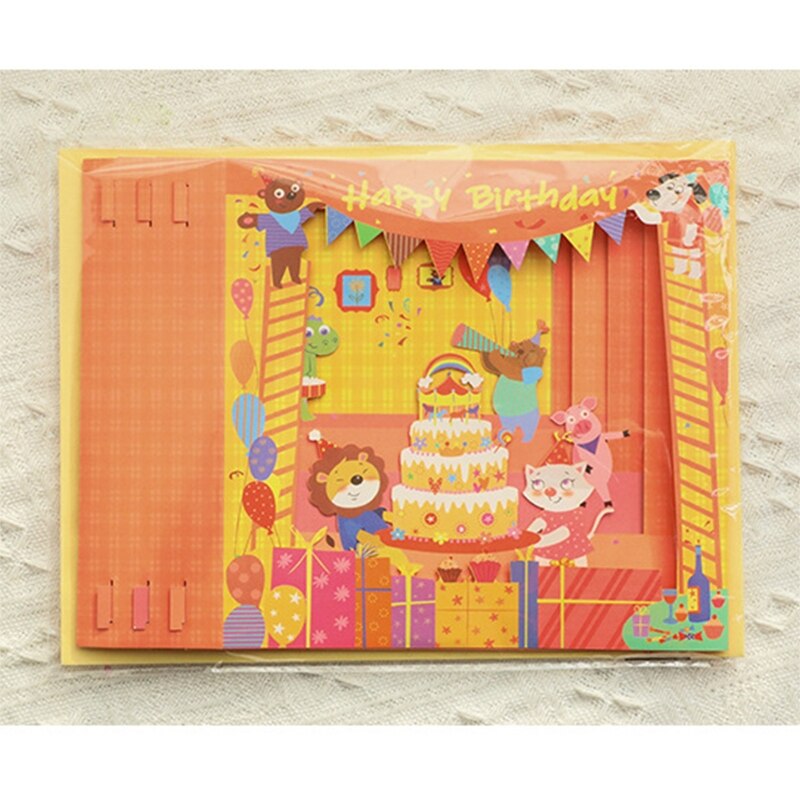 Handgemaakte 3D Pop Up Card Box Cartoon Cake Gelukkige Verjaardag Wenskaarten Met Envelop Voor Kids Kinderen Verjaardag