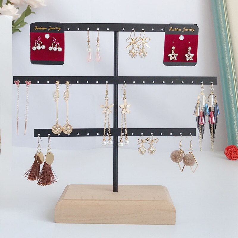 Jewelry Organizer Stand - 3 Tier Earring Holder Rack - Wood Display Tree for Hanging Earrings