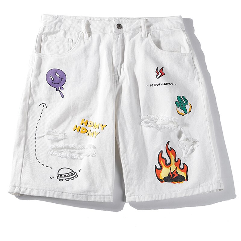 Summer Denim Harem Shorts Men Lightning Flame Print Hip Hop Knee Length Ripped Hole Streetwear Pockets Beach Shorts: White / M