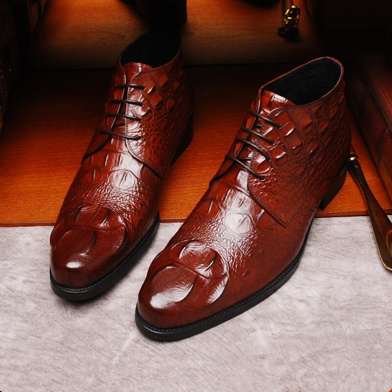 Cheville pour hommes, chaussure à bout pointu et à talons bas, Crocodile, Business, mocassins pour homme, tendance à lacets
