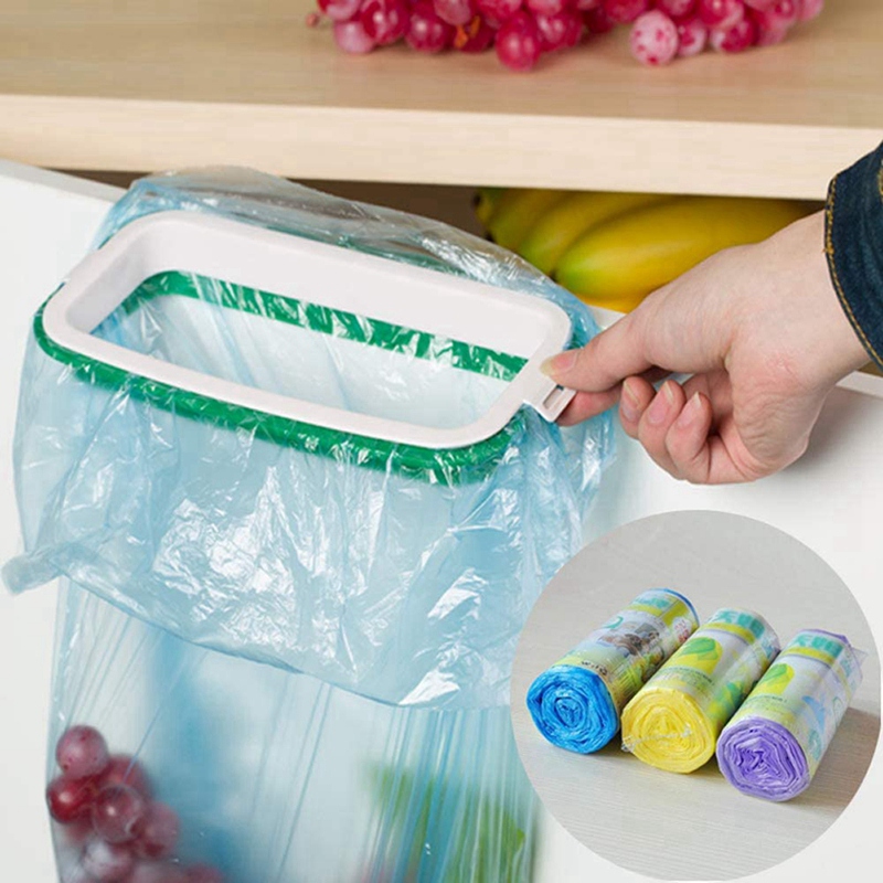 Kitchen Hanging Trash Can Shelf Cabinet Trash Rack Plastic Storage Hanging Trash Bag (Green)