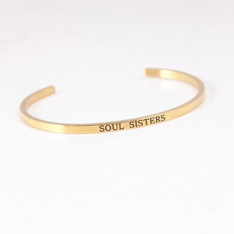 Trend Quotes Mantra Bracelets 316L Stainless Steel Open Cuff Bangle Women Gold Inspirational Jewelry Bracelets: SOUL SISTERS