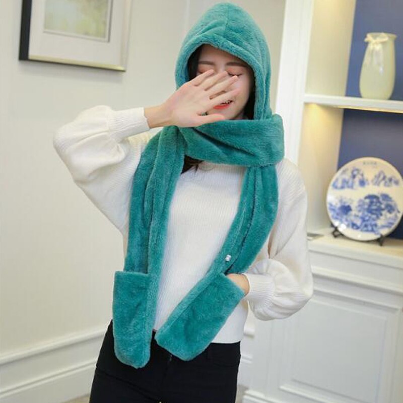3 in 1 Women Winter Hood Scarf Hat Glove Set Warm Soft Snood Pocket Hooded Srarves Women Scarf Hat Glove For Girl