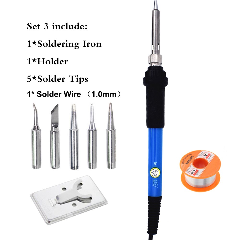 60W Electric Soldering Iron Adjustable Temperature Welding Solder Rework Station Heat Pencil Repair Tool With Solder Tip: Blue Set 2 / EU