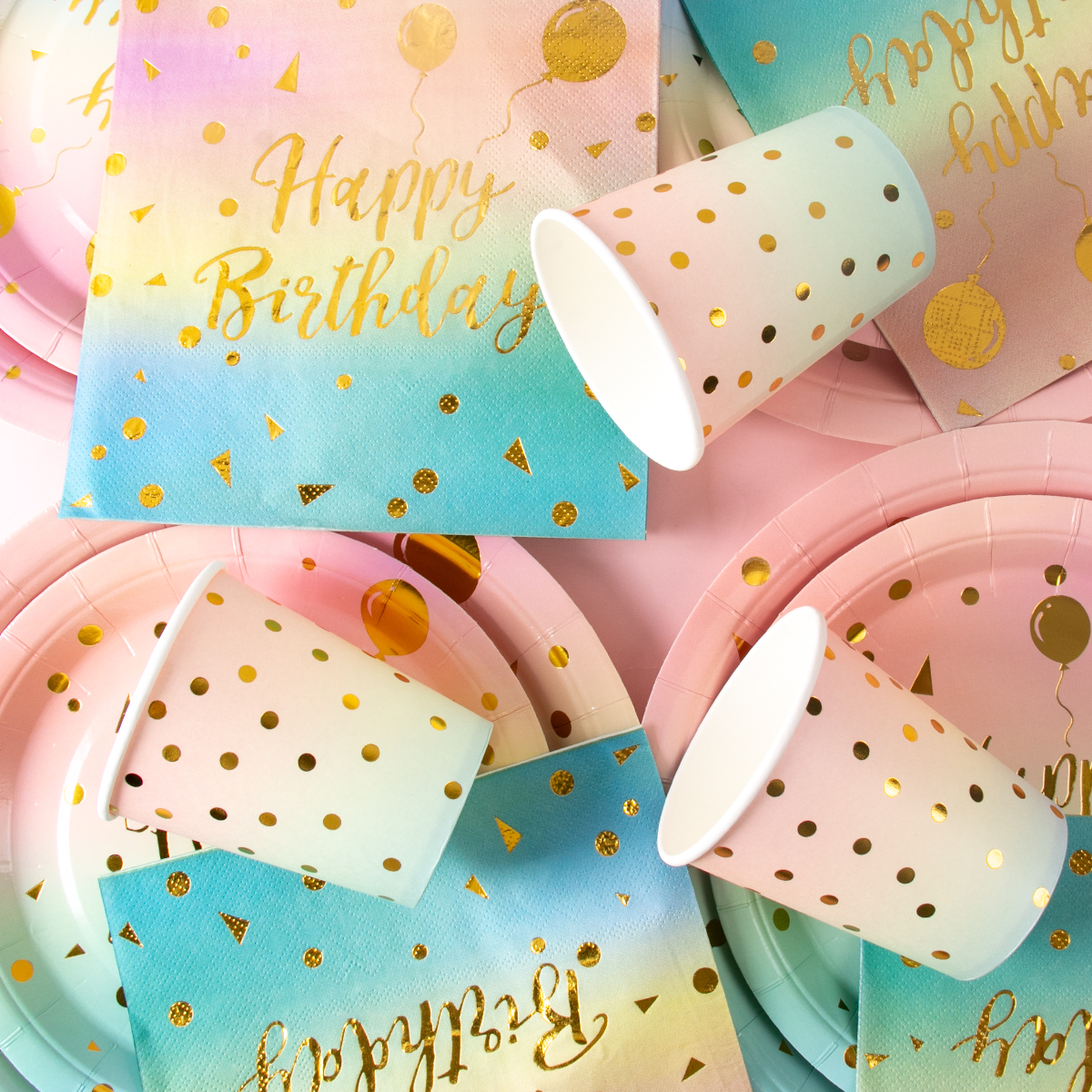 Pastelowa tęczowa impreza urodzinowa jednorazowa zastawa stołowa złota kropka tęczowy gradientowy papierowy talerz kubek serwetka urodziny materiały ślubne