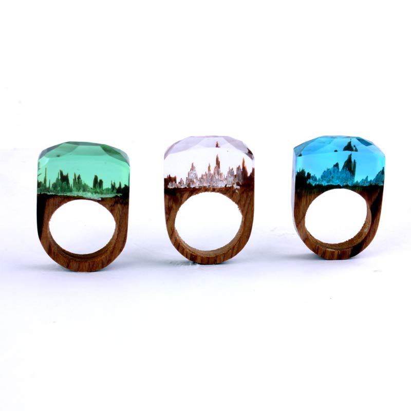 Mode Sky Blue Resin Houten Bos Ringen Creatieve Handgemaakte Ringen Voor Vrouwen Mode-sieraden