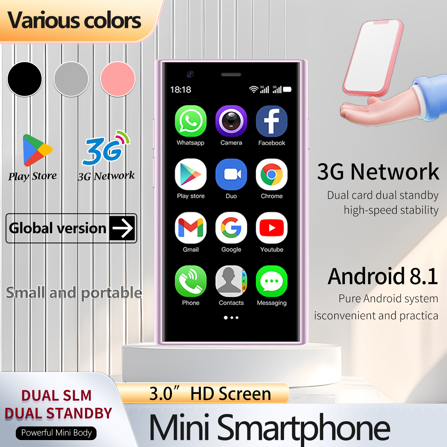 Smartphone de pantalla pequeña de 3 pulgadas 3G All-netcom Dual SIM Dual Standby admite posicionamiento de cuerpo pequeño puede surfar Internet