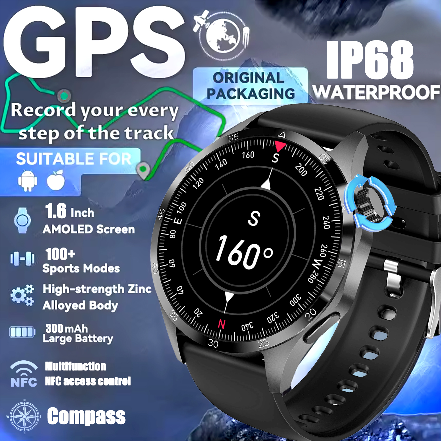reloj inteligente clásico con GPS, pantalla AMOLED Ultra HD de 1,6 pulgadas, GPS incorporado, llamada BT, NFC, IP68, reloj inteligente resistente al agua para Android IOS