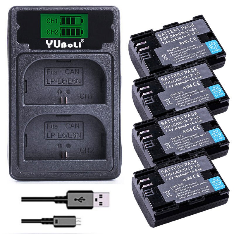 4x2650mAh Li-ion Battery LP-E6 LP-E6N lpe6 LP E6 E6N Batteries for Canon LP-E6 EOS 5DS 5D Mark II Mark III 6D 7D 60D 60Da 70D: charger and 4battery