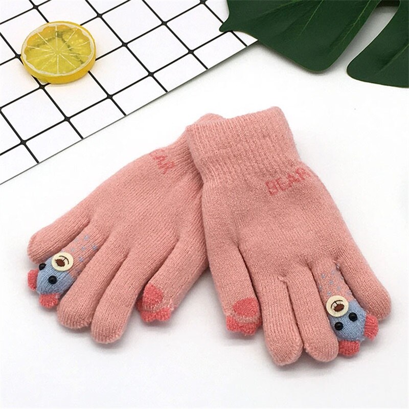 Winter Warme Handschoenen Voor Kinderen 3-8years Verdikte Kids Baby Wanten Buitensporten Vingertop Beer Dubbele Leuke Handschoenen