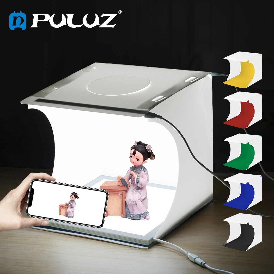 PULUZ 20cm Lightbox Photo Studio box + LED Photography shadow Light Lamp Panel Studio Shooting tenda Box Kit e 6 fondali colorati