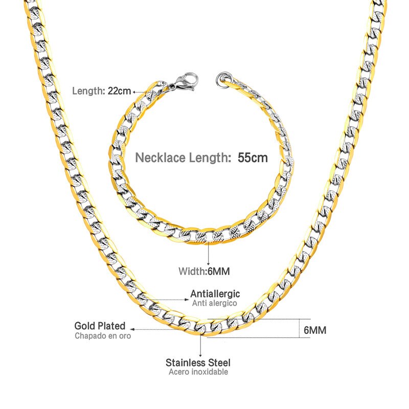 LUXUSTEEL Silver Color Chains Necklace Bracelets Width 6mm/8mm/10mm Length 50cm/55cm/60cm Stainless Steel Long Necklace Party: 6mm 55cm Mixed