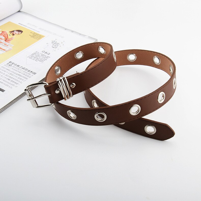 Cinturones de cadena Punk para mujer, banda para vaqueros con ojales con doble fila ajustable, cinturones decorativos: Coffee